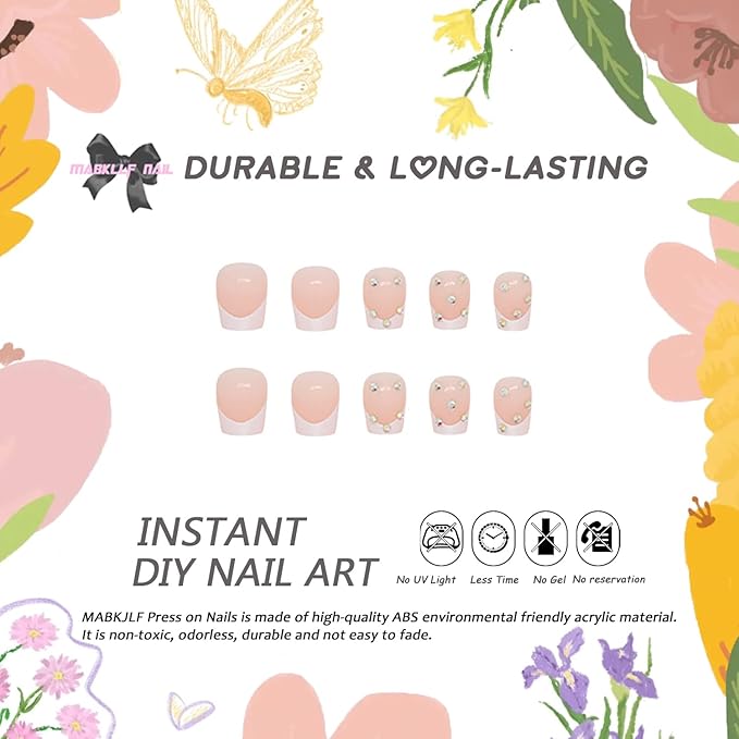 Press on Nails Extra Short Square MABKJLF French Tip Fake Nails Full Cover Glue on Nails Rhinestones False Nails White Acrylic Press on Nails Stick on Nails Artificial Nails for Women Girls 24 Pcs