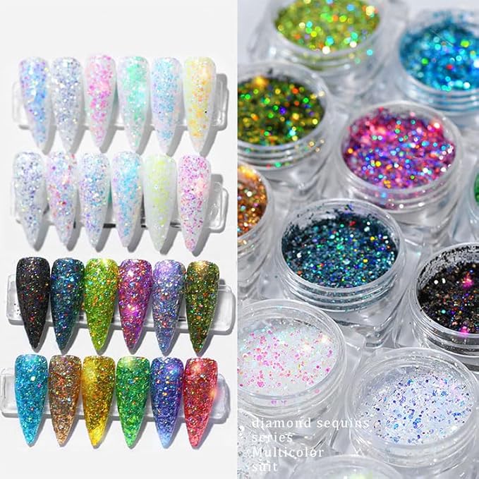 Nail Art Glitter Shiny Sequins Iridescent AB White Thin Flakes 12 Jars 3D Chunky for Eyes Body Makeup ﻿