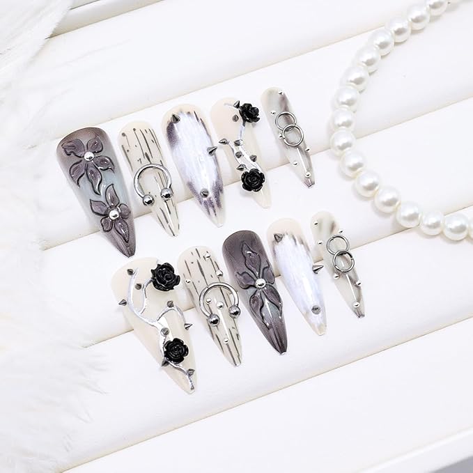 24Pcs Black Handmade Press on Nails Long Stiletto Gothic Fake Nails with 3D Black Rose Metal Piercing Rivets Design Punk Acrylic Nails Y2k Almond False Nails Goth Flower Glue on Nails for Women