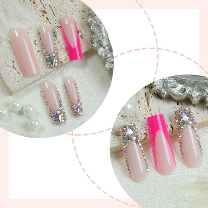 Handmade Press on Nails - Long Square Fake Nails - Red French Tips Design Shiny Rhinestone False Nails Glossy Stick on Nail Full Cover Nails Diamond Glue on Nail for Women Manicure 24Pcs