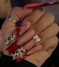 Press on Nails Square - Extra Long Fake Nails with 3D Rhinestones and Bows, Red French Tips Cute Fall False Nail, Fall Stick On Nails for Women, 12 Sizes - 24 Nail Kit, Floral Fusion