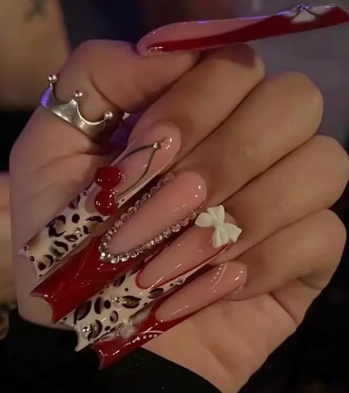 Press on Nails Square - Extra Long Fake Nails with 3D Rhinestones and Bows, Red French Tips Cute Fall False Nail, Fall Stick On Nails for Women, 12 Sizes - 24 Nail Kit, Floral Fusion