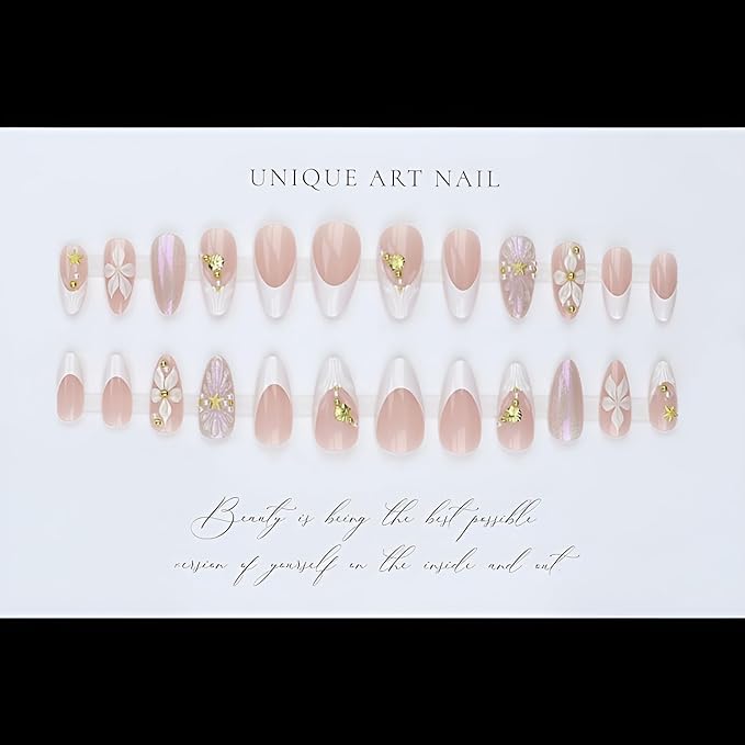 French Tip Press on Nails Medium Almond Fake Nails 3D Flower Nails Press Ons Glossy Full Cover False Nails with Rhinestones Design Seashell Starfish Glue on Nail Acrylic Stick on Nail for Women 24Pcs