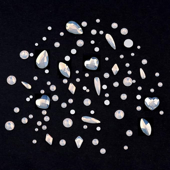 60pcs 6 Different Designs Flatback White Opal Nail Crystal Gems Shaped and 480pcs Round Diamond Rhinestones Assortment for Nail Decoration Charms
