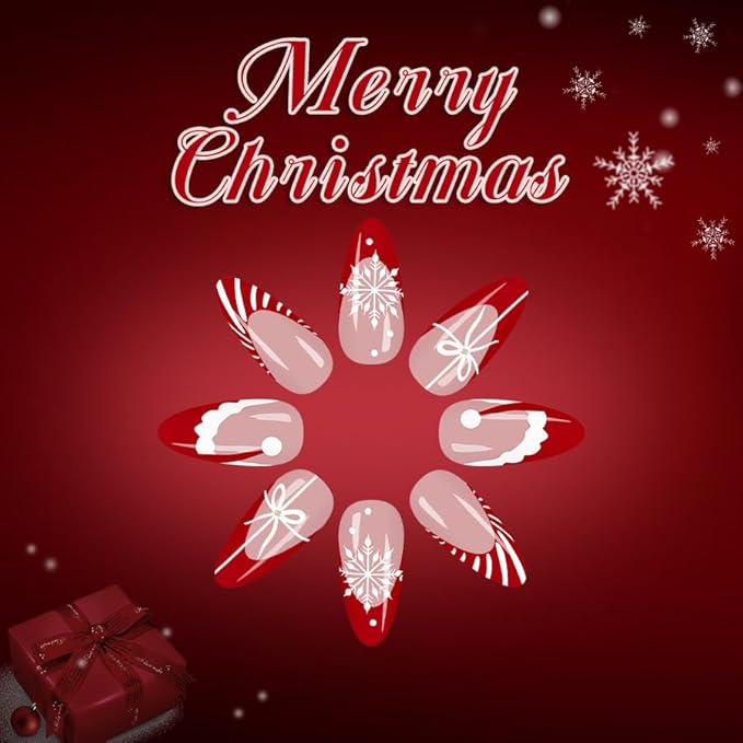 Christmas Press on Nails Red French Tip Fake Nails Medium Almond False Nails with Snowflake Christmas Hat Candy stripes Designs Glue on Nails Reusable Acrylic Nail for Women Girls 24Pcs