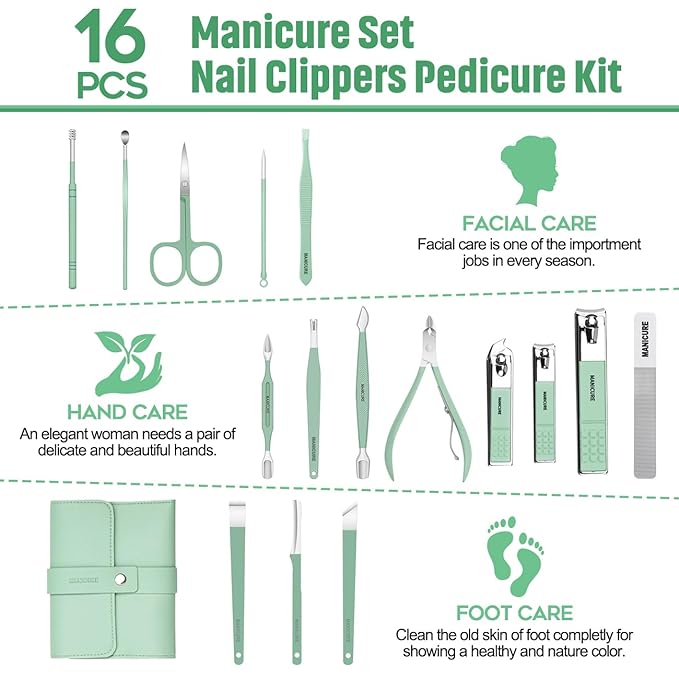Manicure Set Nail Clippers set Pedicure Kit 16 Pieces Stainless Steel Manicure Kit,manicure and pedicure kit Professional Grooming Kits,Nail Care Tools with Luxurious Travel Case nail clippers for men