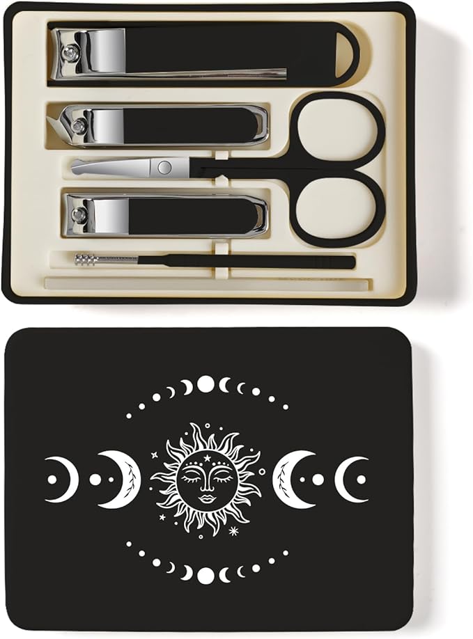 6-Piece Nail Clipper Set with Nail File, Tweezers and ingrown toenail Removal kit Travel Nail kit for Men and Women (Moon Black)