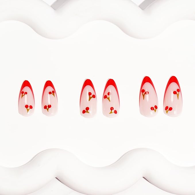 Red French Tip Press on Nails Almond Short Fake Nails Cute Nude Pink Full Cover Glue on Nails with Red Cherry Glossy Artificial Stick on Nail Reusable Mini Cherry Acrylic False Nail for Women 24Pcs