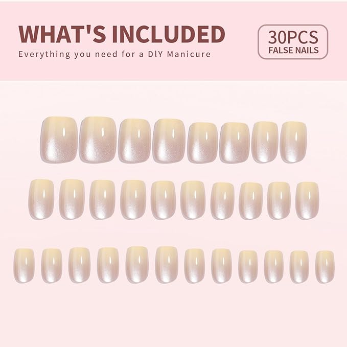 30 Pcs Cats Eyes Soft Gel Press on Nails Gradient Luxurious Fake Nails with Glue Short Square Thickened False Nails Designs Glitter Acrylic Nails Full Cover Stick on Nails for Women Art DIY 15 Sizes