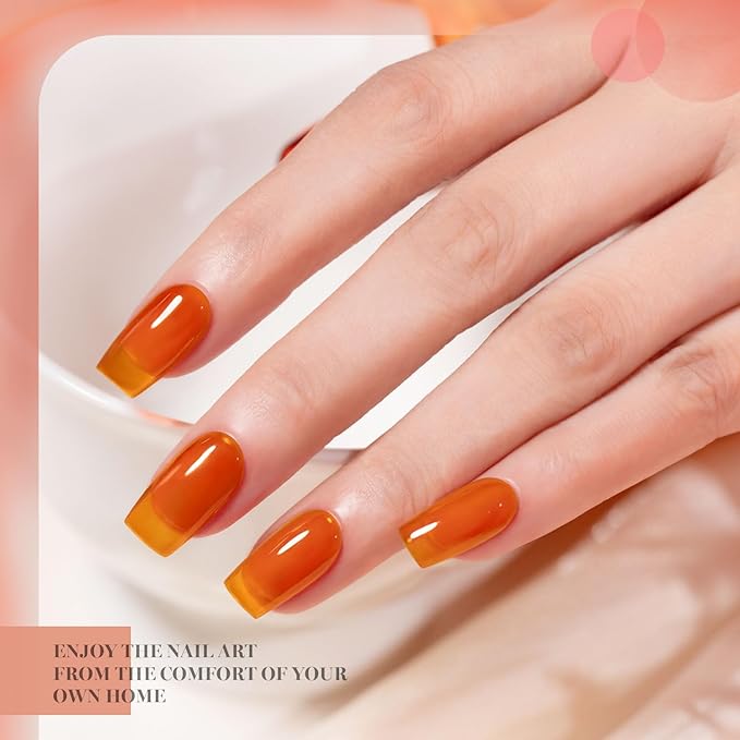 RARJSM Jelly Brown Stained Glass Gel Nail Polish Set 6pcs Clear Glazed Amber Orange Caramel Mocha Brown Wine Cherry Red Crystal Transparent Sheer Gel Varnish Curing Requires Home Salon Manicure