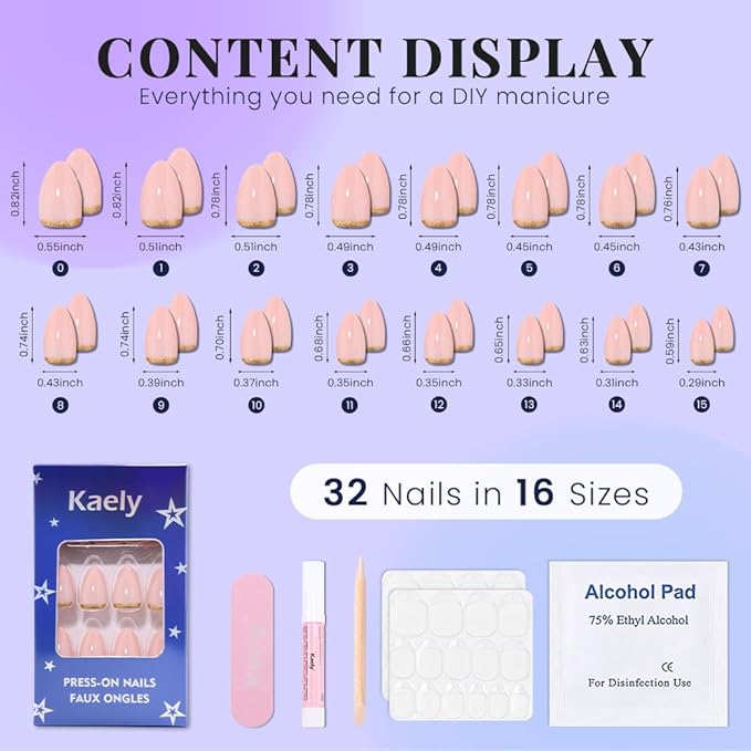 Short Almond Gold Reverse French Press On Nails, Golden Artificial Fake Nails Design, Acrylic False Nails Design, Suitable for Birthday Parties,Wedding. Kit for Women DIY False Nail Art Gift.