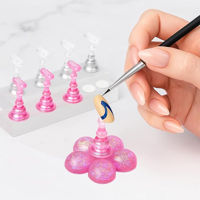 Nail Stand for Press On Nails – 2 Set Acrylic Nail Holders for Nail Art Practice, 10 Nail Stands, 60Pcs Reusable Putty, Flower Shaped Base & Tweezers, Nail Art Tool Kit for Salon & Home