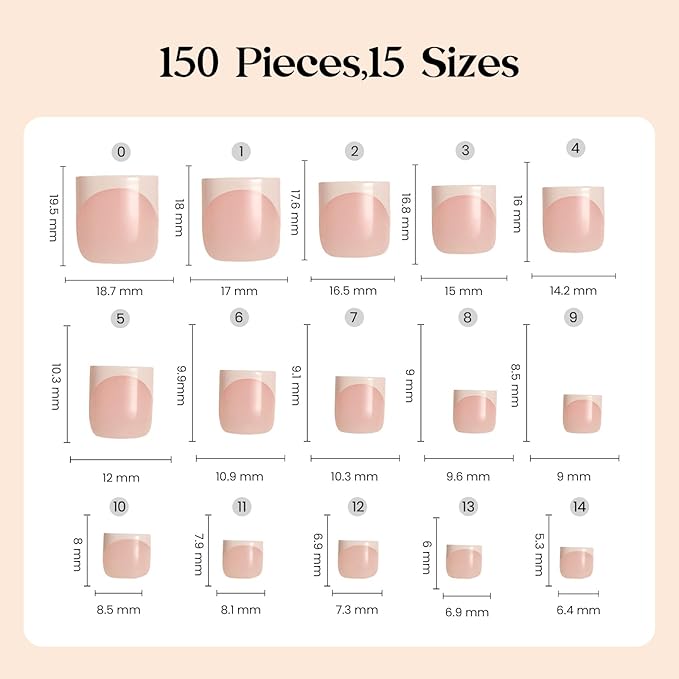 Beetles X Press French Tip Toenails - Charm French | Pink Short Square Press On Toe Nails | 150 Pcs 15 Sizes Natural Salon Quality Gel Nail Tips For Women