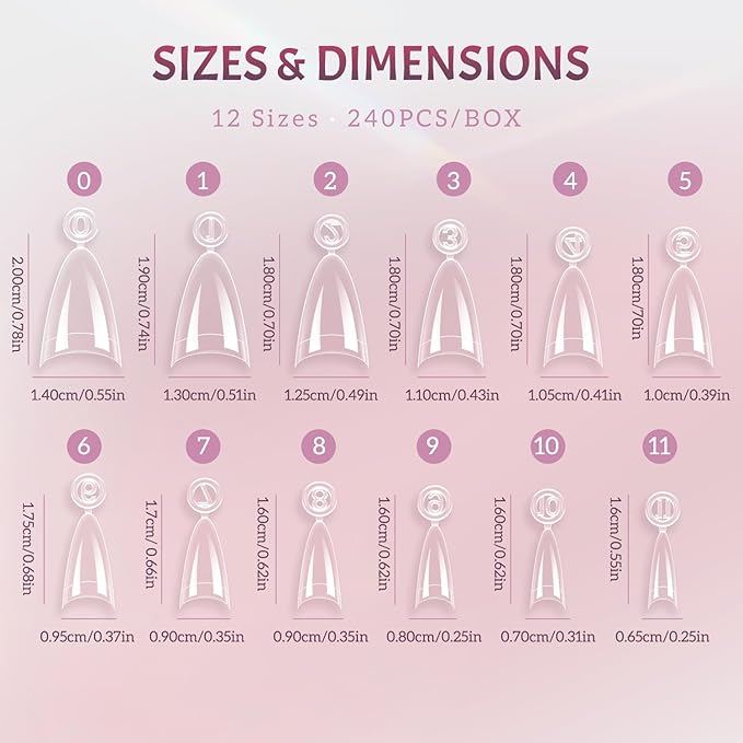 Ranrose Long Almond Nail Tips with Handle, 240PCS Half Cover Acrylic Fake Nails, 12 Sizes No C Curve Gel Nail Extension Tips for Professionals DIY Beginners