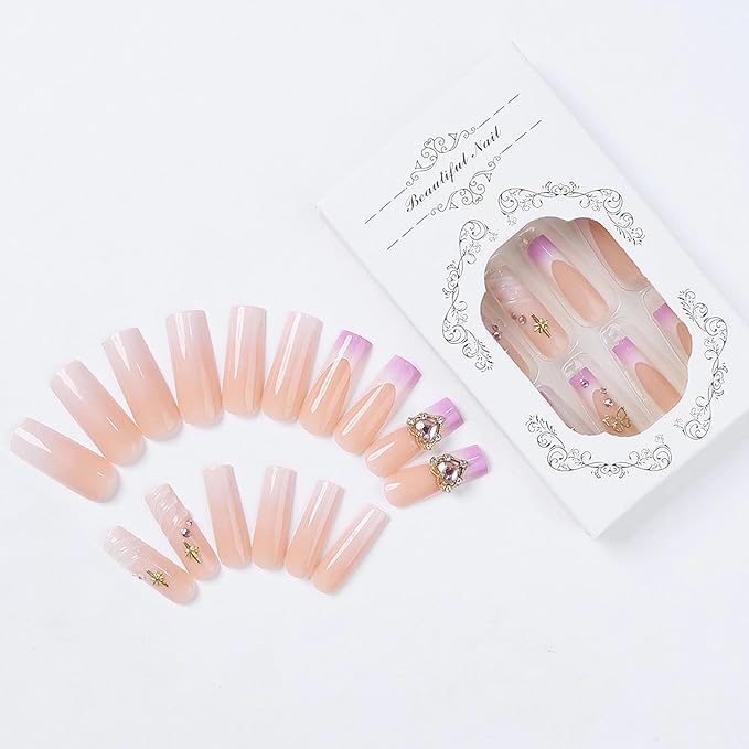 MISUD Press on Nails - Long Square Fake Nails with Purple French Tip, Acrylic Gold Charms Design 24 pcs
