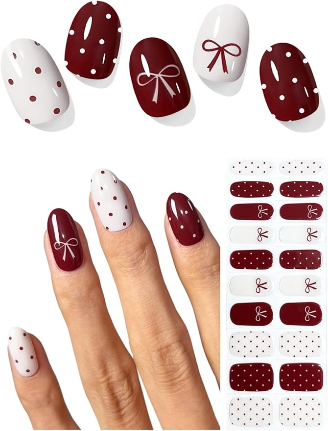 Semi Cured Gel Nail Strips (Polka Dot Bow), Valentine's Day, 20 Pcs Gel Nail Wraps, Stickers, Works with Any UV Lamps