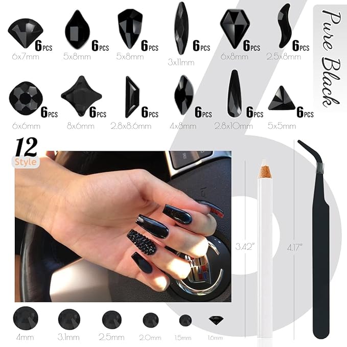 2052Pcs Black Nail Rhinestones Multi Shapes Jet Black Rhinestones for Nails Flatback Nail Gems K9 Glass Dark Black Round Beads Stones Diamonds Nail Charms Art for Nails Face Eyes Makeup Crafts