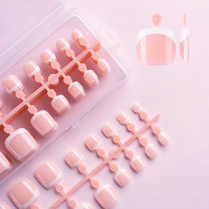 Lamemoria Pre-Design Nude Pink Gel French Nail Toetips, Short French Press On Toenails Square Shape, Basic Fake Nails With Glue Tabs 240 Pcs/Set