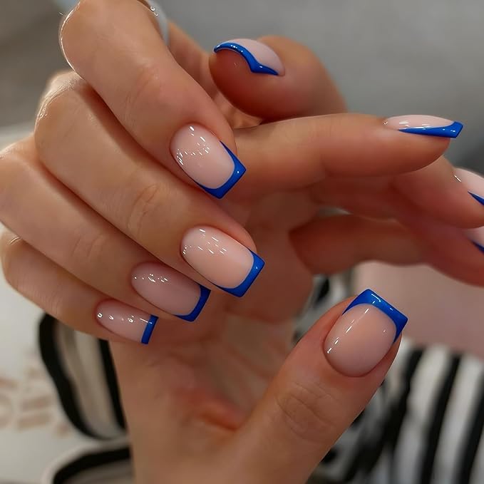Dark Blue Semi Cured Gel Nail Strips French Tip 20Pcs Clear UV Gel Nail Stickers Glossy Nails Polish Strips UV/LED Light Needed Self Adhesive Full Polish Nails Wraps for Women