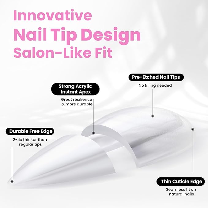 Beetles Tipex Lite Apex Nail Tips, Almond Medium,512pcs 16 Sizes,Pre-Building Pre-Etched Acrylic Nail Tips
