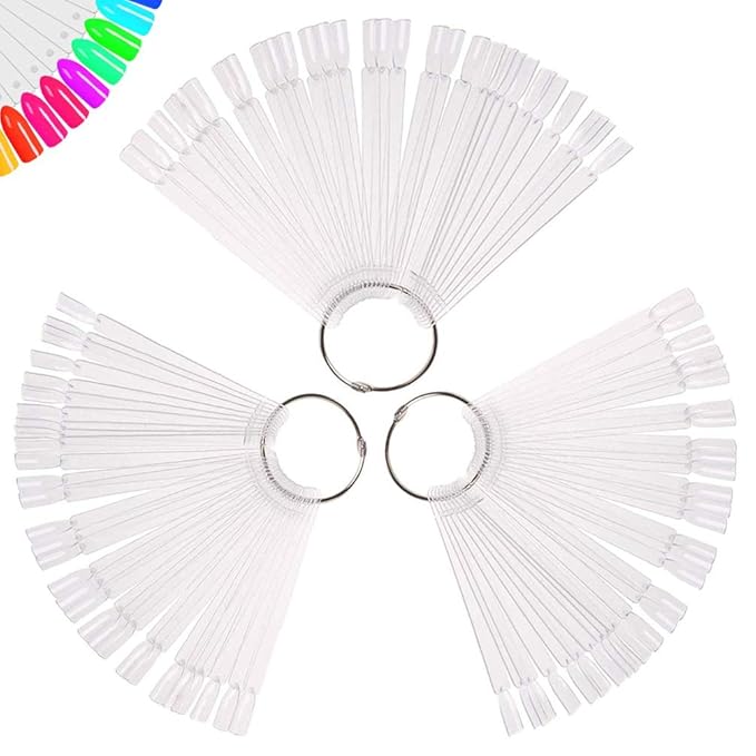 150 Pcs Clear Nail Swatch Sticks with Ring, Fan Shape Nail Art Polish Display Tips, False Nail Sample Sticks, Nail Practice Color Display, Transparent Polish Board for Nails