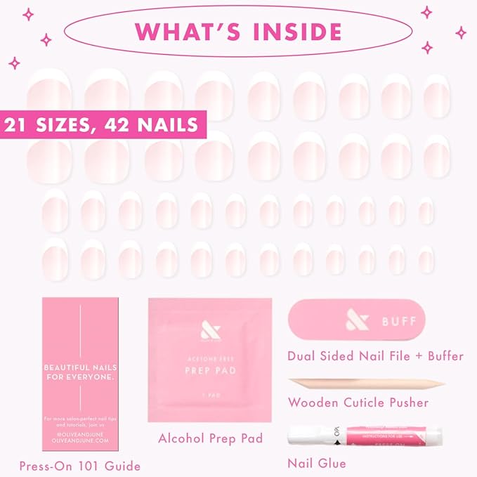 Olive & June Instant Mani Press-On Nails (Glue) | 42 Fake Nails, 21 Sizes | Non-Toxic Long-Lasting Recycled Materials Realistic Look | Salon-Quality at Home | Short, Round | Timeless French