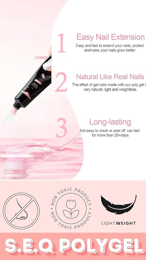 SEQ Poly Extension Gel Kit – SUMMER BLUSH Neutral Builder Formula with Base & Top Coat, Easy Application for Salon-Style Extensions, Includes Brush & Gift Bag