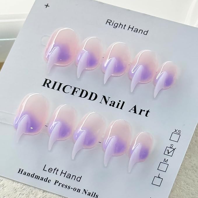 10 Pcs Curved Press on Nails Stiletto Medium Cat Claw Handmade Nails Press Ons Unique 3D Purple French Tip Cat Claw False Nails Thick Gradient Designs Stick on Nail Reusable Glossy Acrylic Nail (S)