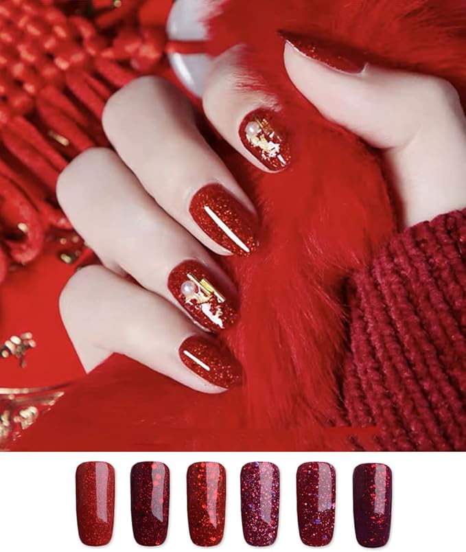 Red Nail Art Glitter Sequins Red Crystal Diamond Sparkly Nail Powder Valentine's Day Nail Supplies New Year Wedding Shiny Nail Flakes for Women Girls Holographic Manicure Tips Charms Pigment 6 Boxes