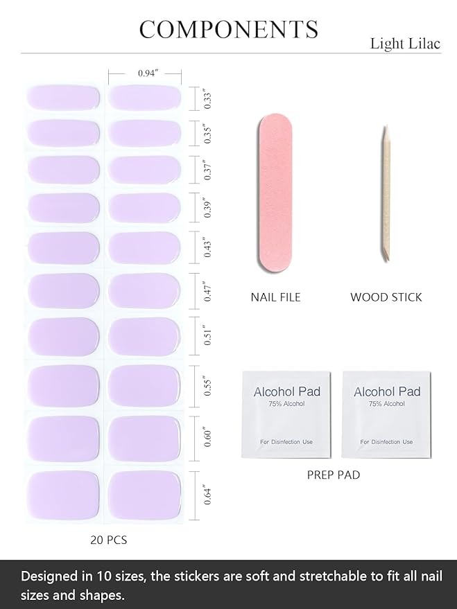 Semi Cured Gel Nail Strips (Light Lilac), Jelly Purple, 20 Pcs Gel Nail Wraps, Stickers, UV Light Required, Salon Quality, Long Lasting