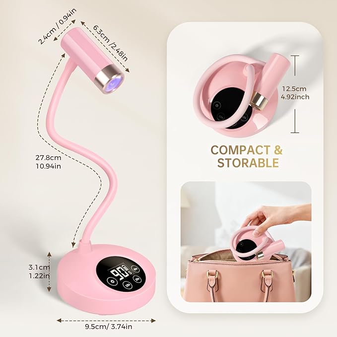 AORAEM UV LED Nail Lamp, Rechargeable Gooseneck Lamp for Gel Nails 12W Quick Dry LED Nail Light Nail Dryer with 4 Timers & Auto Sensor, Professional Flash Cure Light for Gel Nails Home DIY Pink