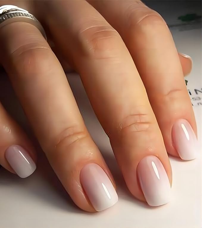24pcs Short Press On Nails - Ombre Square Stick On, French Glue On with Jelly Sticker, Fake Nails Kit in 12 Sizes