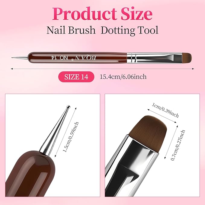 BQAN French Tip Brush Acrylic Nail Brush French Tip Clean up Brush 2 Way Nail Art Brushes with Dotting Tool for Nails Art Design Salon & Home Use (14#)