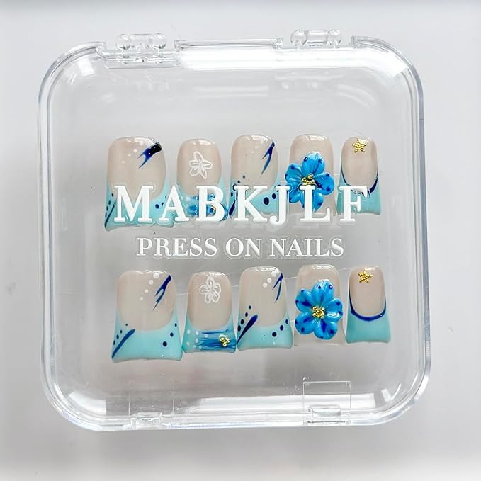 Luxury Press on Nails Short Duck Handmade 3D Unique Reusable ABS Material Fake Nails Blue French Tip False Nails with Designs Rhinestones Starfish Summer Glossy Glue on Nail Thick Acrylic Nail(M)