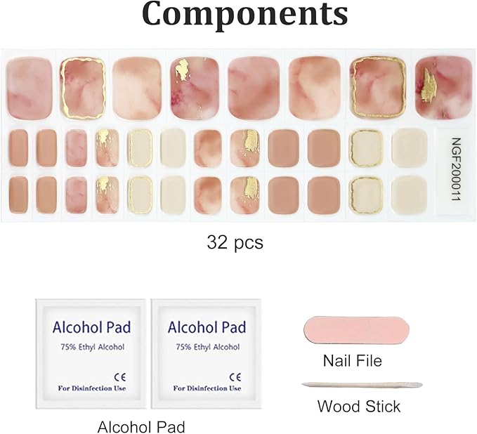 32 Pcs Semi Cured Gel Toe Nail Strips Nude Pink Gel Nail Stickers with Marble Design Gold Nails Wraps Self Adhesive Toe Nails Polish Strips Stickers for Women UV/LED Light Required