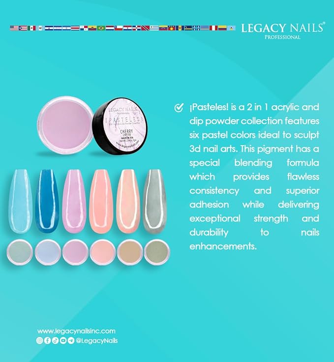 Legacy Nails Professional COLLECTION Acrylic Powder Kit 6 Colors Nail Art Set for Manicure DIY for Dip & Acrylic Nail Extensions (PASTELES COLLECTION)
