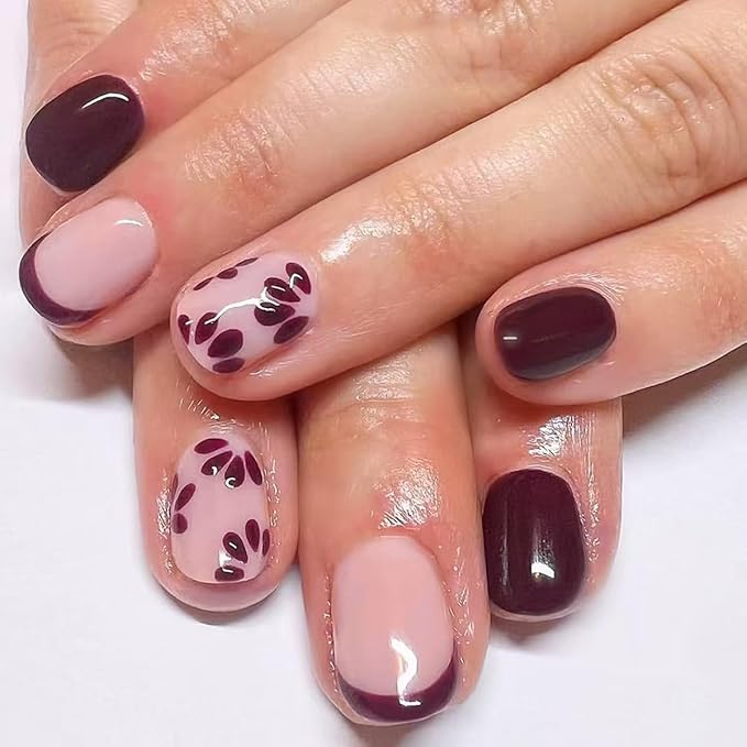 Autumn Flower Press on Nails Short Square Fake Nails Dark Red False Nails Press ons with Floral Design Reusable Artificial Nails Glossy Full Cover Glue on Nails Stick on Nails for Women Manicure 24Pcs