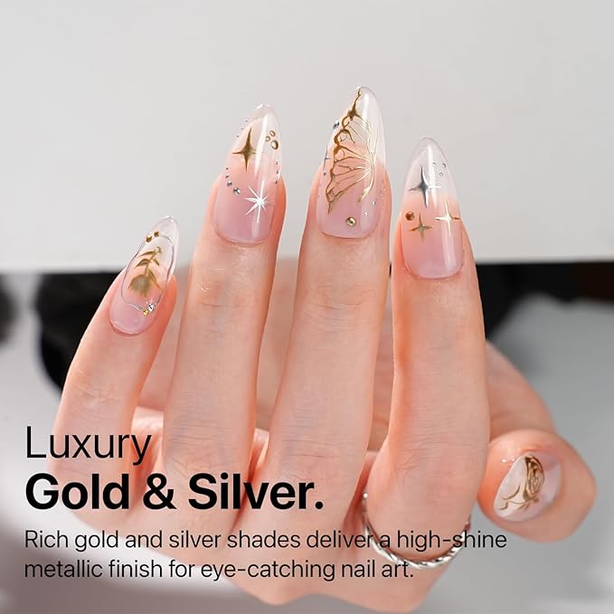 SXC Cosmetics Gel Liner Nail Art Set – Gold & Silver 2pcs Gel Liner Nail Art Chrome 3D High-Gloss Effect for Nail Paint Design with Thin Brush DIY French Manicure Curing Requires