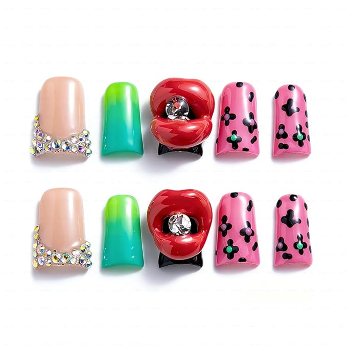 10 Pieces Luxury Acrylic Press On Nails Short Handmade Duck Nails, Pink Thickened False French Nails, Leopard Print And 3D Red Lips, Reusable Fake Nails, Acrylic Nails (M)