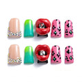 10 Pieces Luxury Acrylic Press On Nails Short Handmade Duck Nails, Pink Thickened False French Nails, Leopard Print And 3D Red Lips, Reusable Fake Nails, Acrylic Nails (M)