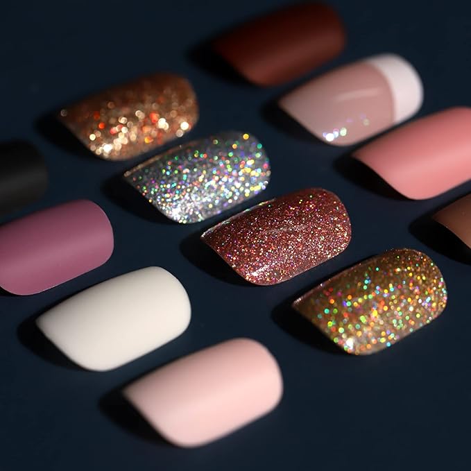 Teenitor Short Press on Nails,288Pcs Matte Acrylic Short Square Fake Nails Full Cover, Glitter Press On False Nails Glue on Nails
