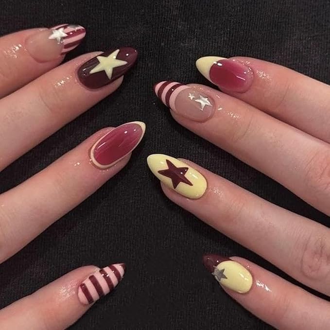 Short Almond Press on Nails - Cute Star False Nails Striped Fake Nails Press ons with Y2K Style Design, Full Cover Glue on Nails for Women Manicure 24Pcs