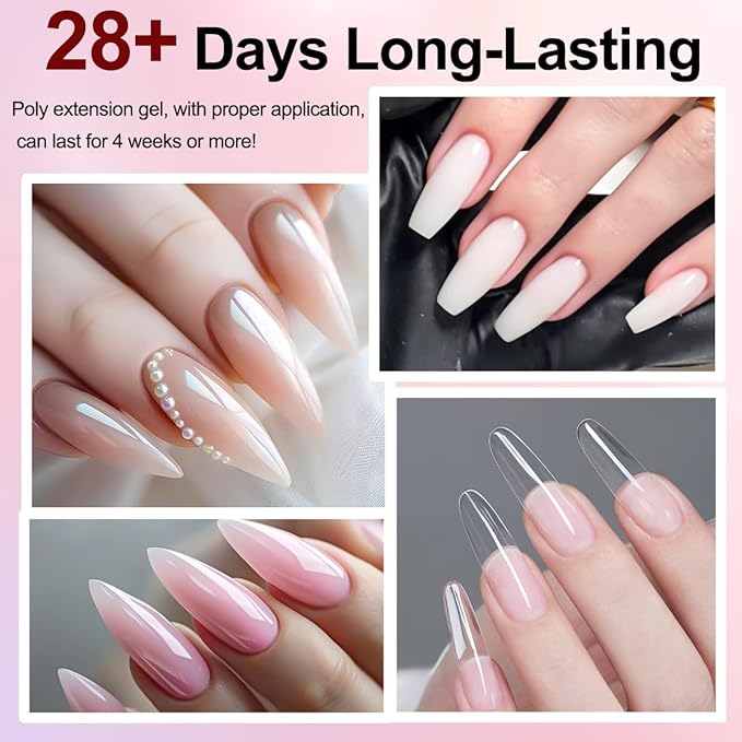 Poly Gel Nail Kit, Clear White Nude Pink Nail Extension Gels with Slip Solution, Dual Nails Forms for Builder Gel, Nail Starter Kit, Home DIY Manicure Set