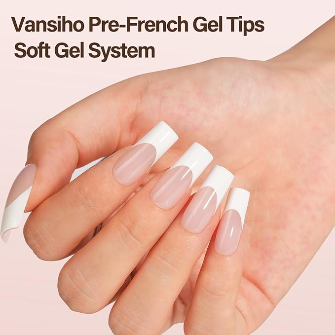 Vansiho French Gel Nail Tips, 150Pcs Long Square Press on Nails, No Need to File 3 in 1 Pre-French Gel Tips for Nail Art DIY 15 Sizes