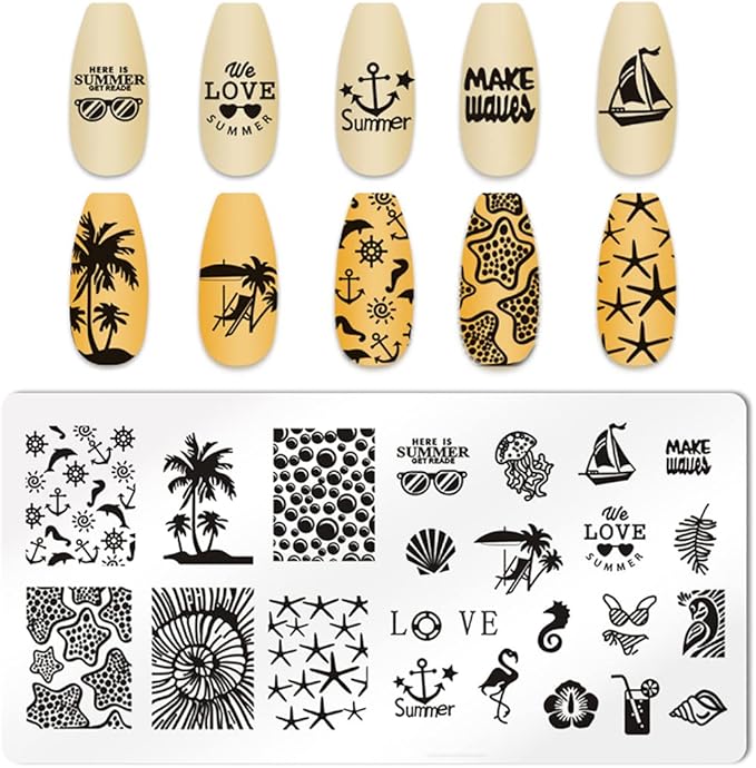 6pcs Seaside Scenery Nail Stamping Plate Nail Stamping Kit for Nails Summer Beach Coconut Trees Sunset Waves Sea Animals Image Plates Nail Stamper Kit