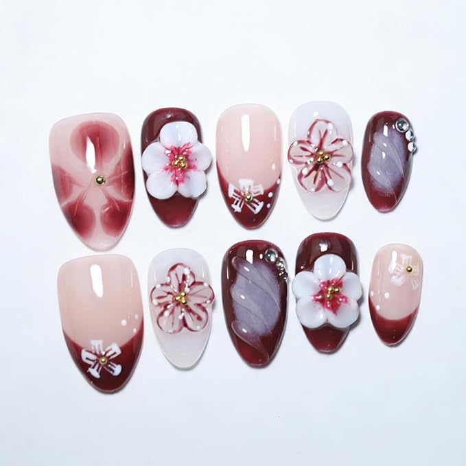 10Pcs Short Almond Handmade Press On Nails | Nude Pink & Burgundy Ombre with 3D Floral & Rhinestone Decor | Reusable Salon-Quality Fake Nails for Women and Girls(251209, S)