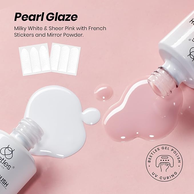 Beetles French Tip Gel Set - Pearl Glaze White Nude Pink Upgraded Gel Nail Kit Soak Off UV LED with 4 Styles Bubble French&Chrome Powder Nail Art Sticker DIY Home Salon Spring Gift for Women