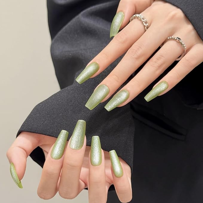 Green Cat Eyes Press On Nails,12 Sizes - 24 Pcs Soft Gel Medium Coffin Fake Nails Kit with Nail Glue, Natural Reusable Stick On False Nails for Women and Girls (Skycloud Green Nails) SK0979