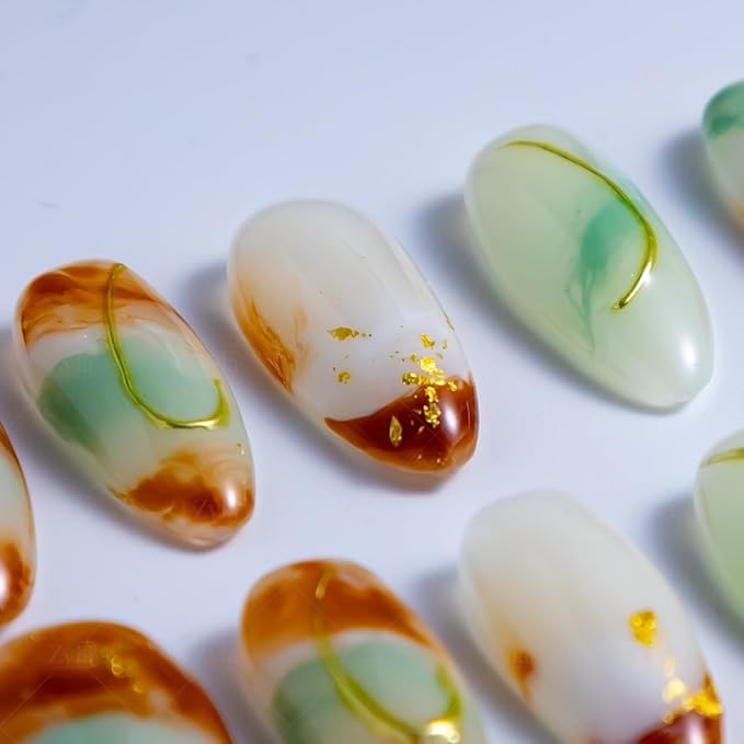10 Pieces Handmade Press On Nails Medium Almond, Green And WhiteThickened False Nails With Gold Thread Embellishment, Reusable Fake Nails Almond, Reusable Acrylic Nails (M)