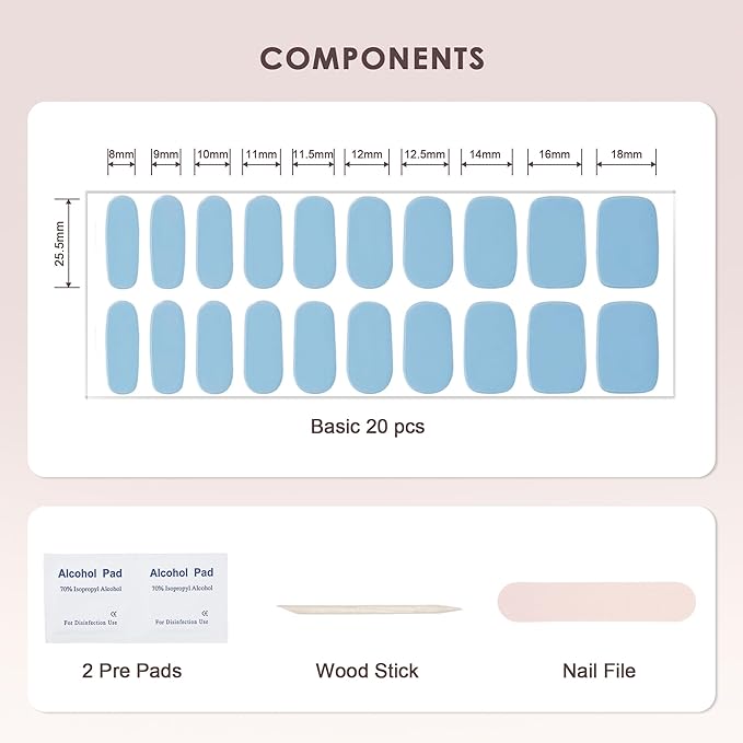 Semi Cured Gel Nail Strips – Real Gel Nail Polish Wraps for Brittle Nails | Waterproof Long Lasting Easy Peel-Off Removal | Hema-Free | 20-Piece Bright Blue Salon Kit with File & Stick